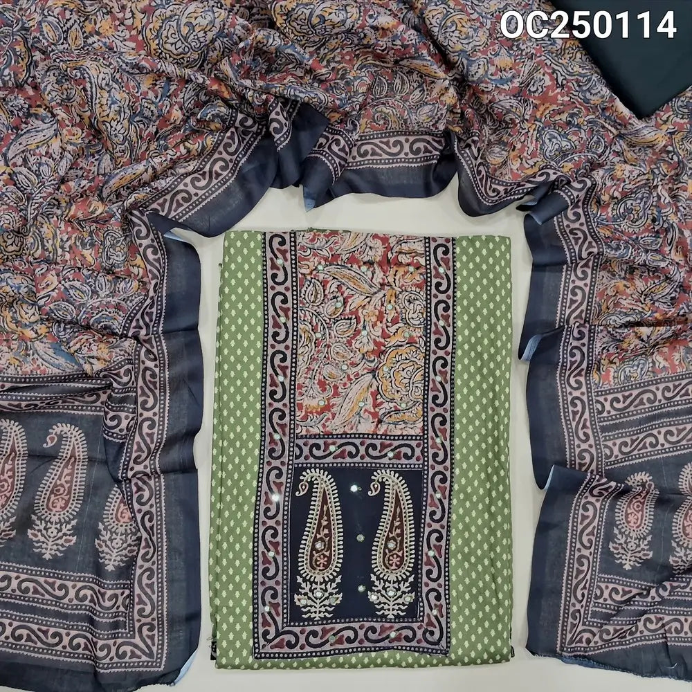 Mossy green printed satin cotton unstitched salwar material, ajrak and kalamkari patch on yoke (Soft, Lining Needed) Contrast spun cotton bottom, mixed cotton printed short width dupatta. OC250114