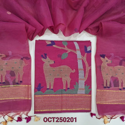 Pink muslin jamdani unstitched salwar material, Rich weaving on daman (Thin, Lining Needed) NO BOTTOM, Jamdani woven full length dupatta with jamdani weaving on pallu and handamde tassels. OC250201