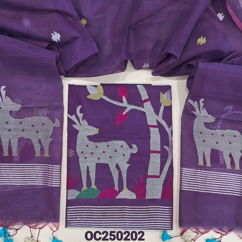Dark purple muslin jamdani unstitched salwar material, Rich weaving on daman (Thin, Lining Needed) NO BOTTOM, Jamdani woven full length dupatta with jamdani weaving on pallu and handamde tassels. OC250202