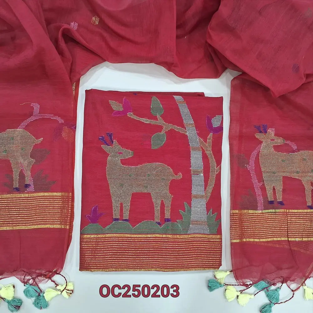 Red muslin jamdani unstitched salwar material, Rich weaving on daman (Thin, Lining Needed) NO BOTTOM, Jamdani woven full length dupatta with jamdani weaving on pallu and handamde tassels. OC250203