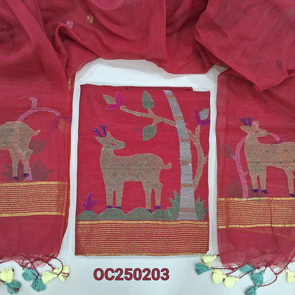 Red muslin jamdani unstitched salwar material, Rich weaving on daman (Thin, Lining Needed) NO BOTTOM, Jamdani woven full length dupatta with jamdani weaving on pallu and handamde tassels. OC250203