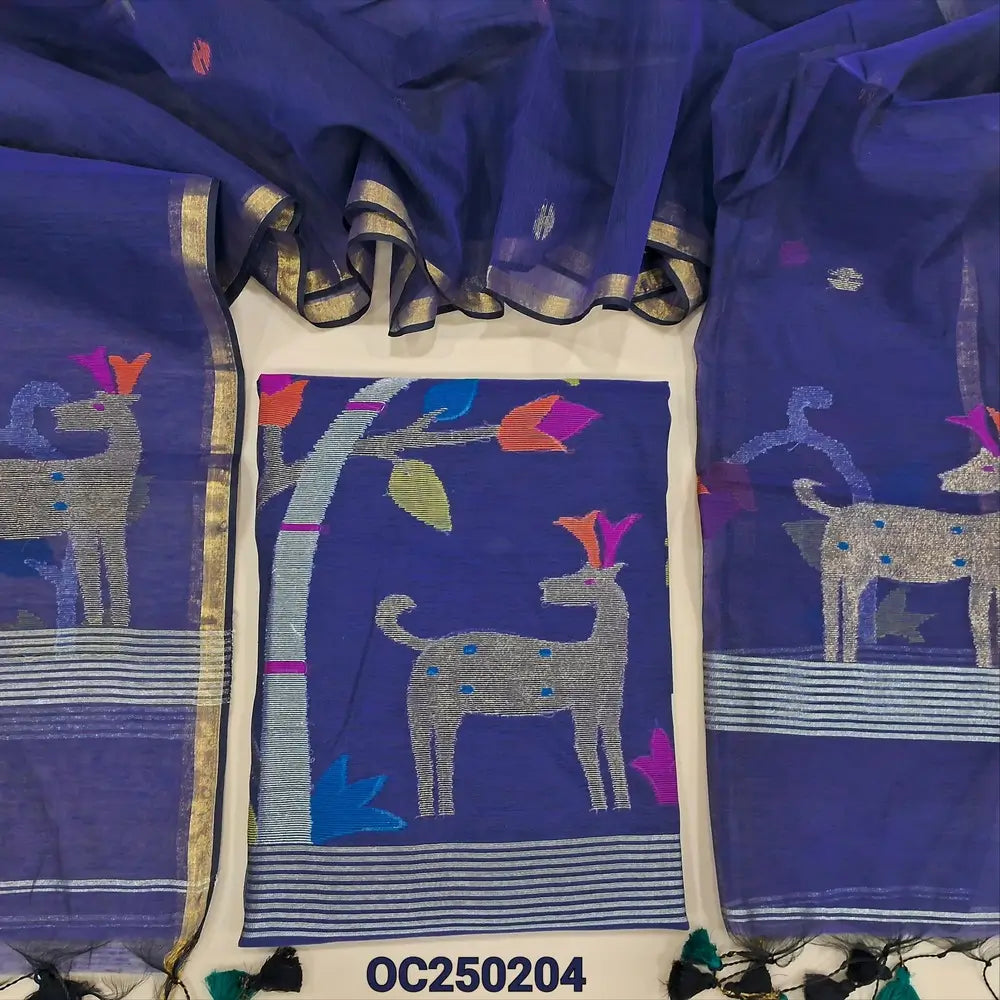 Dark Blue muslin jamdani unstitched salwar material, Rich weaving on daman (Thin, Lining Needed) NO BOTTOM, Jamdani woven full length dupatta with jamdani weaving on pallu and handamde tassels. OC250204