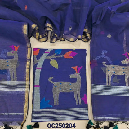 Dark Blue muslin jamdani unstitched salwar material, Rich weaving on daman (Thin, Lining Needed) NO BOTTOM, Jamdani woven full length dupatta with jamdani weaving on pallu and handamde tassels. OC250204