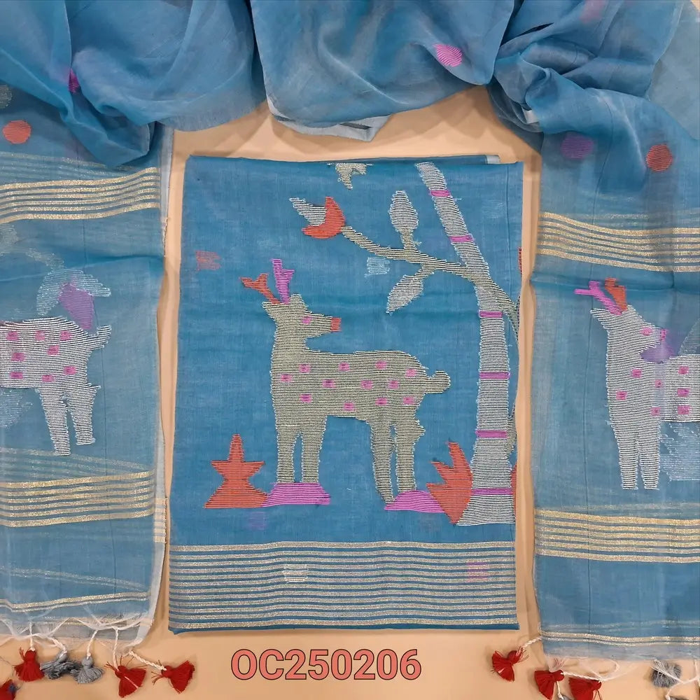 Pastel Blue muslin jamdani unstitched salwar material, Rich weaving on daman (Thin, Lining Needed) NO BOTTOM, Jamdani woven full length dupatta with jamdani weaving on pallu and handamde tassels. OC250205