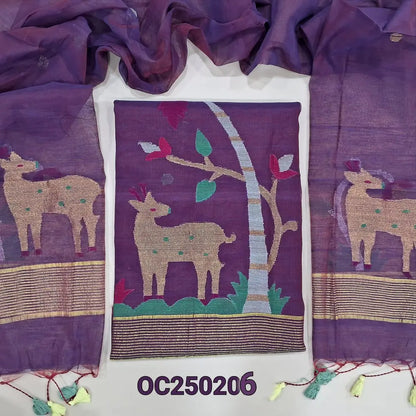 Deep Wine Purple muslin jamdani unstitched salwar material, Rich weaving on daman (Thin, Lining Needed) NO BOTTOM, Jamdani woven full length dupatta with jamdani weaving on pallu and handamde tassels. OC250206