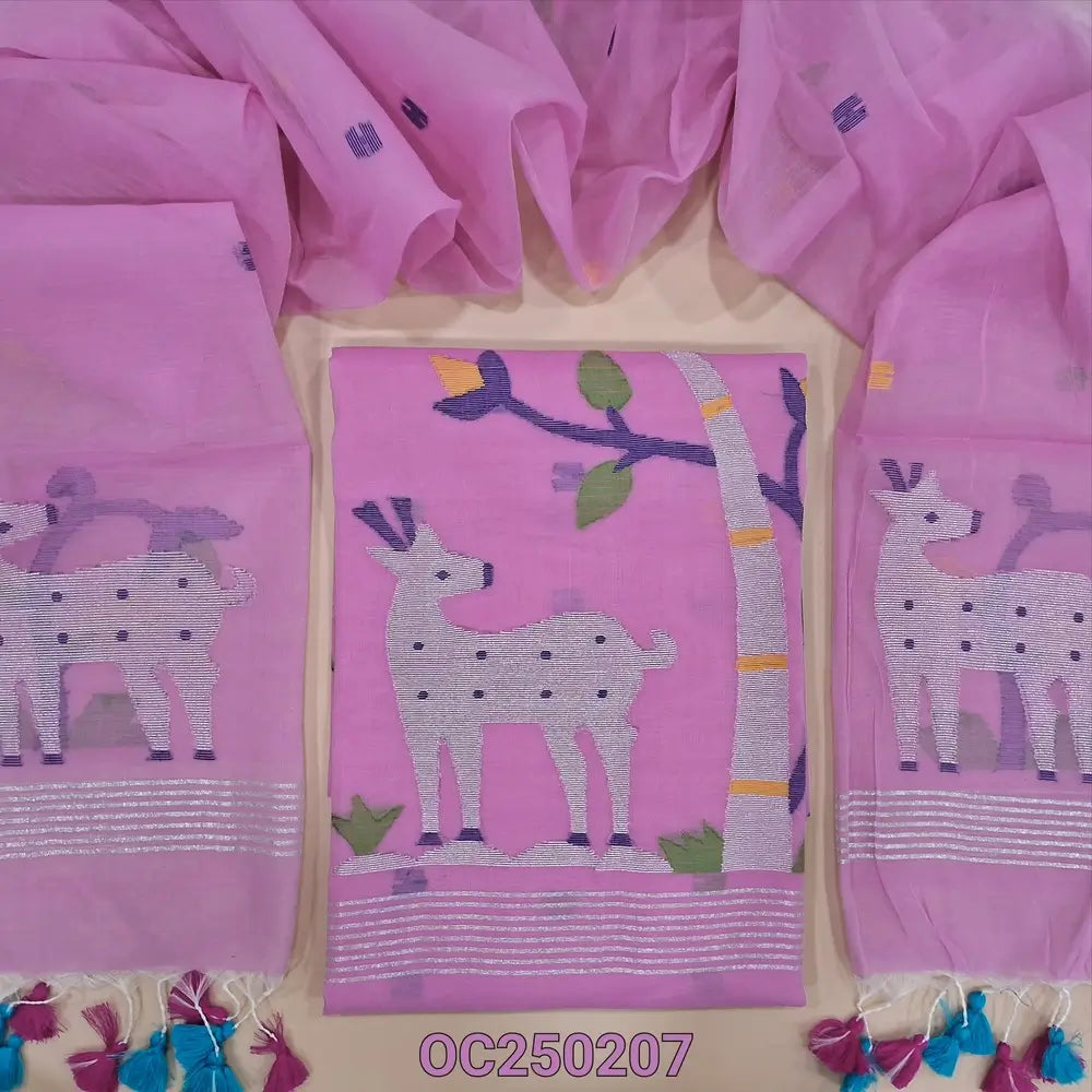 Pastel Pink muslin jamdani unstitched salwar material, Rich weaving on daman (Thin, Lining Needed) NO BOTTOM, Jamdani woven full length dupatta with jamdani weaving on pallu and handamde tassels. OC250207