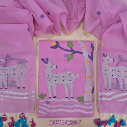 Pastel Pink muslin jamdani unstitched salwar material, Rich weaving on daman (Thin, Lining Needed) NO BOTTOM, Jamdani woven full length dupatta with jamdani weaving on pallu and handamde tassels. OC250207