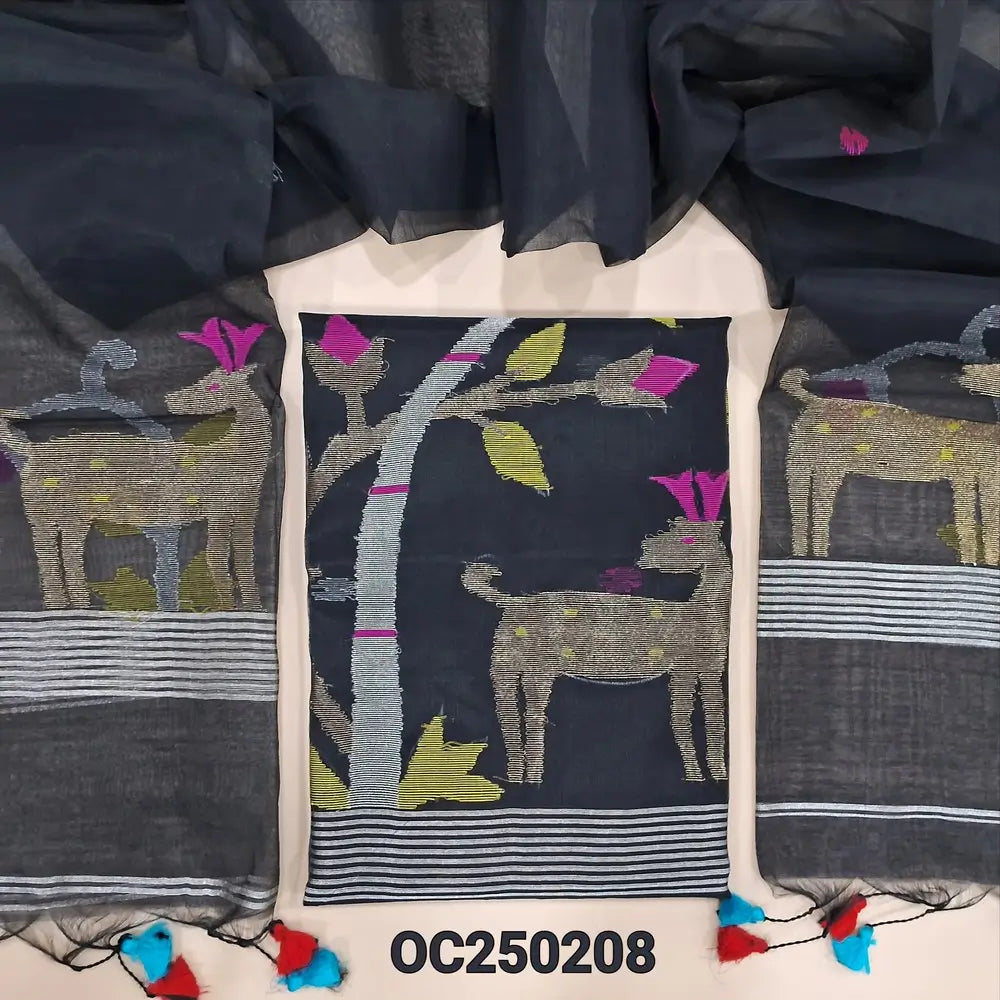 Black muslin jamdani unstitched salwar material, Rich weaving on daman (Thin, Lining Needed) NO BOTTOM, Jamdani woven full length dupatta with jamdani weaving on pallu and handamde tassels. OC250208