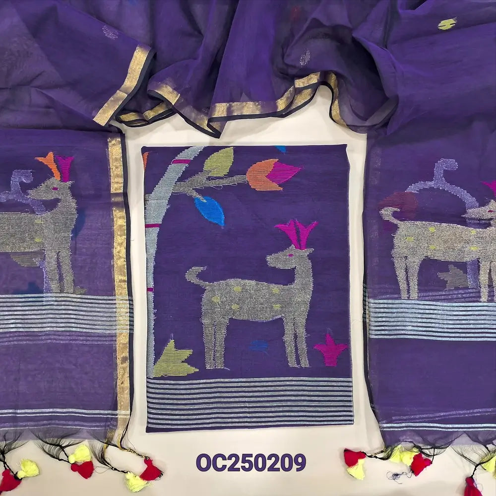 Dual Shaded Purple muslin jamdani unstitched salwar material, Rich weaving on daman (Thin, Lining Needed) NO BOTTOM, Jamdani woven full length dupatta with jamdani weaving on pallu and handamde tassels. OC250209