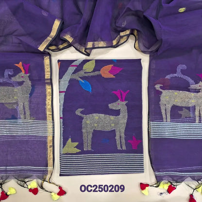 Dual Shaded Purple muslin jamdani unstitched salwar material, Rich weaving on daman (Thin, Lining Needed) NO BOTTOM, Jamdani woven full length dupatta with jamdani weaving on pallu and handamde tassels. OC250209