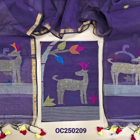Indigo blue printed taspa silk unstitched salwar material (lining needed) tissue borders on daman, matching cotton bottom, printed taspa silk dupatta with tissue pallu (TAPING NEEDED) MR262619 main image 1