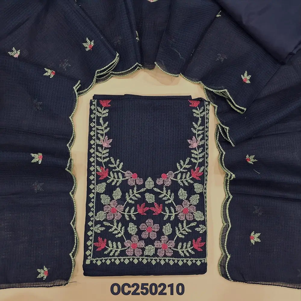Dark Blue fancy kota silk cotton unstitched salwar material, Cross stitch embroidery on yoke (Thin, Lining Needed) Matching silky bottom and lining provided, embroidery dupatta with scallop detailing. OC250210