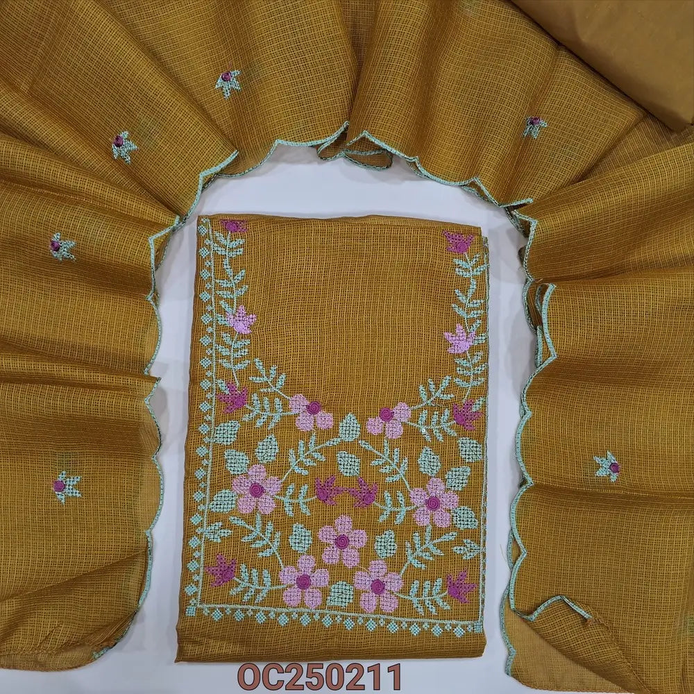 Yellow fancy kota silk cotton unstitched salwar material, Cross stitch embroidery on yoke (Thin, Lining Needed) Matching silky bottom and lining provided, embroidery dupatta with scallop detailing. OC250211