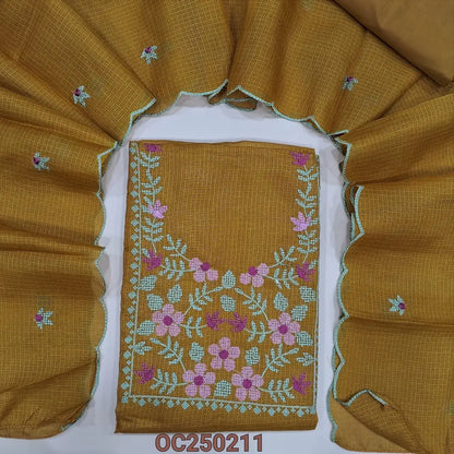 Yellow fancy kota silk cotton unstitched salwar material, Cross stitch embroidery on yoke (Thin, Lining Needed) Matching silky bottom and lining provided, embroidery dupatta with scallop detailing. OC250211