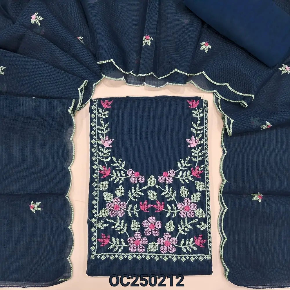 Teal blue fancy kota silk cotton unstitched salwar material, Cross stitch embroidery on yoke (Thin, Lining Needed) Matching silky bottom and lining provided, embroidery dupatta with scallop detailing. OC250212