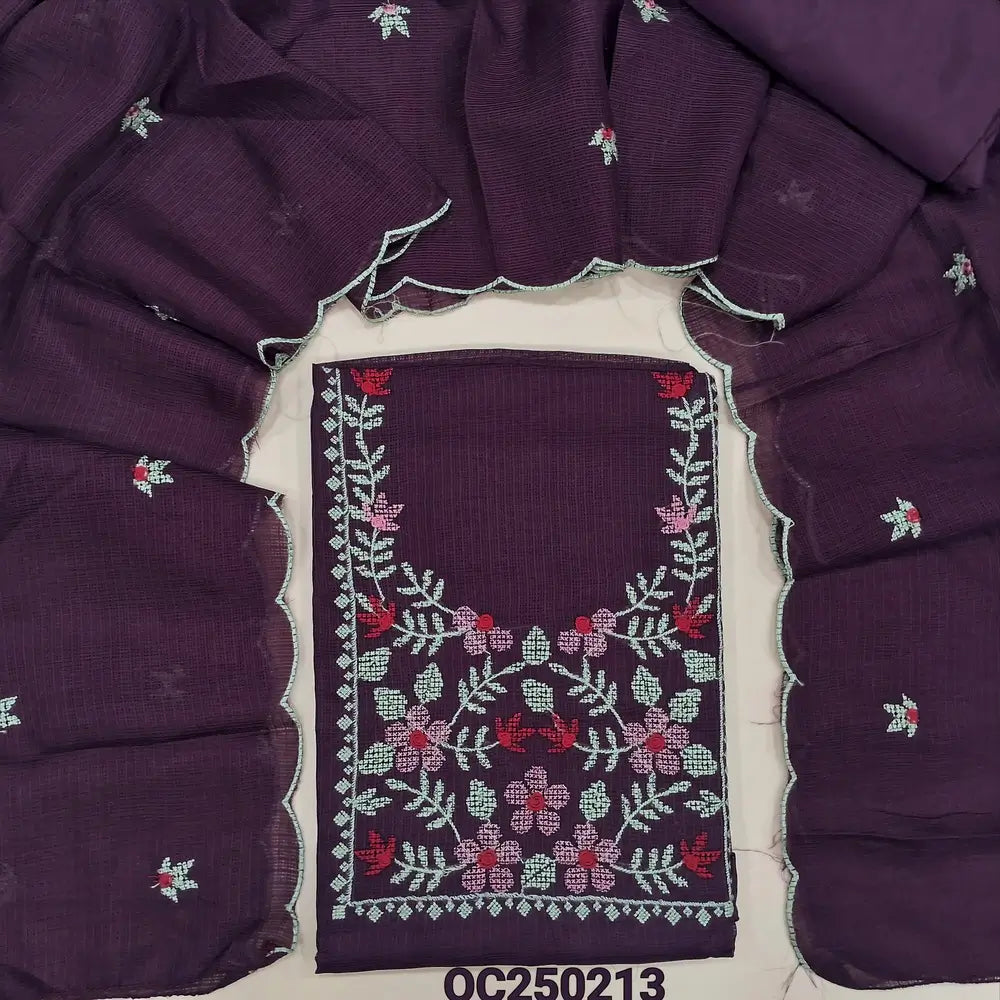 Beetroot purple fancy kota silk cotton unstitched salwar material, Cross stitch embroidery on yoke (Thin, Lining Needed) Matching silky bottom and lining provided, embroidery dupatta with scallop detailing. OC250213