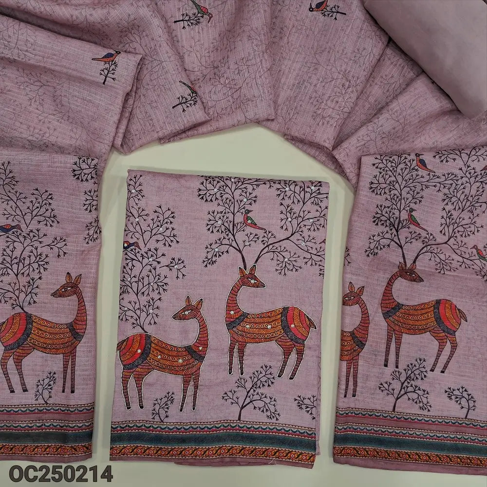 Light Onion Pink digital printed jakard silk cotton unstitched salwar material (Textured, Lining Needed) Daman with bead and zardosi work, Matching Santoon Bottom, Printed full length dupatta. OC250214