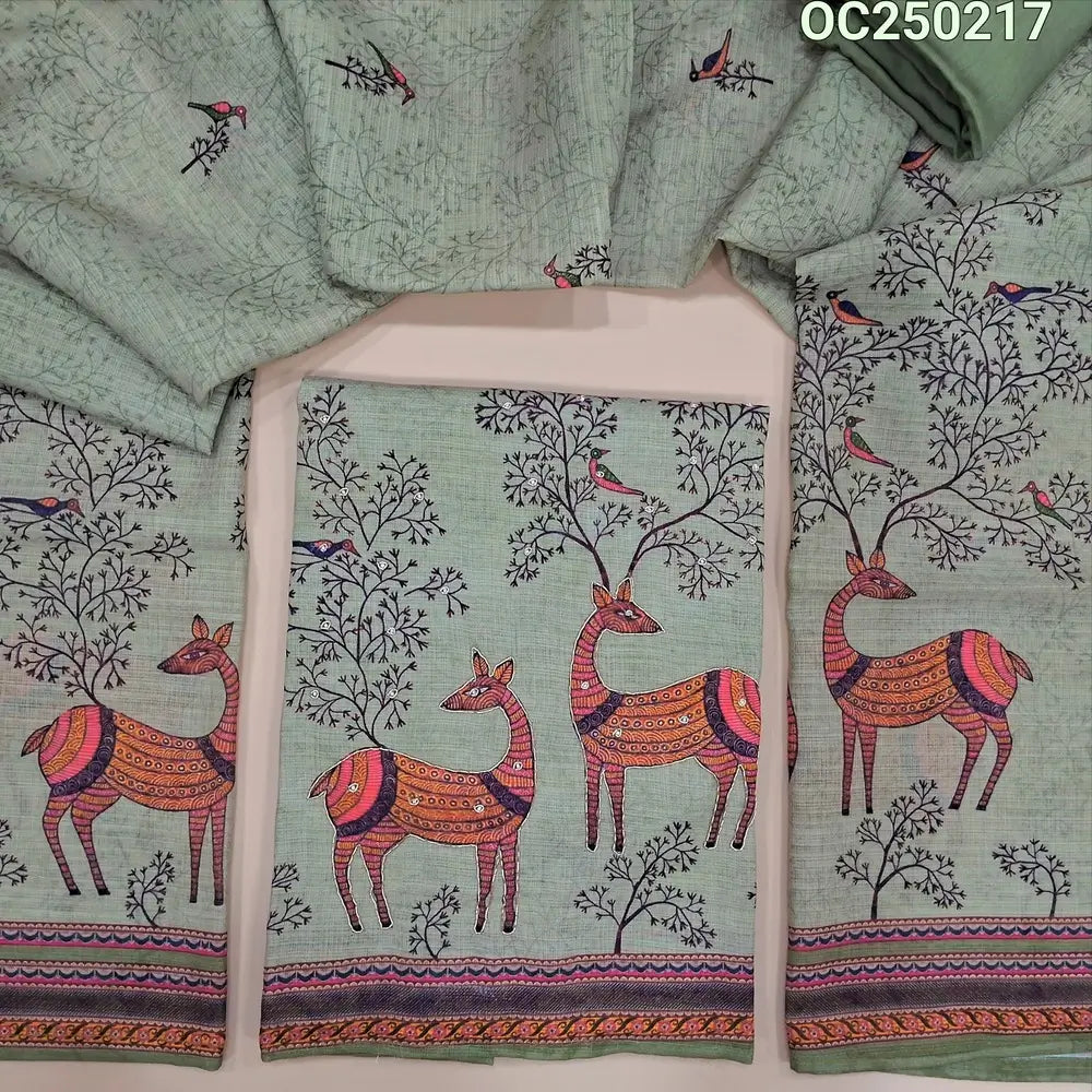 Pastel green digital printed jakard silk cotton unstitched salwar material (Textured, Lining Needed) Daman with bead and zardosi work, Matching Santoon Bottom, Printed full length dupatta. OC250217