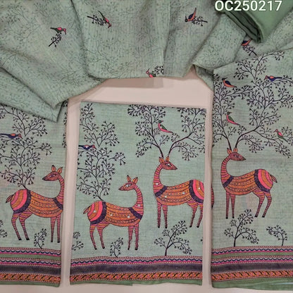 Pastel green digital printed jakard silk cotton unstitched salwar material (Textured, Lining Needed) Daman with bead and zardosi work, Matching Santoon Bottom, Printed full length dupatta. OC250217