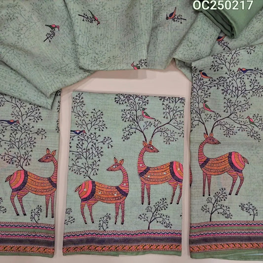 Light beige premium silk cotton unstitched salwar material(lining needed) printed all over, contrast daman with tissue borders, maroon spun cotton bottom, kalamkari printed full length premium silk cotton dupatta. FB261802 main image 1
