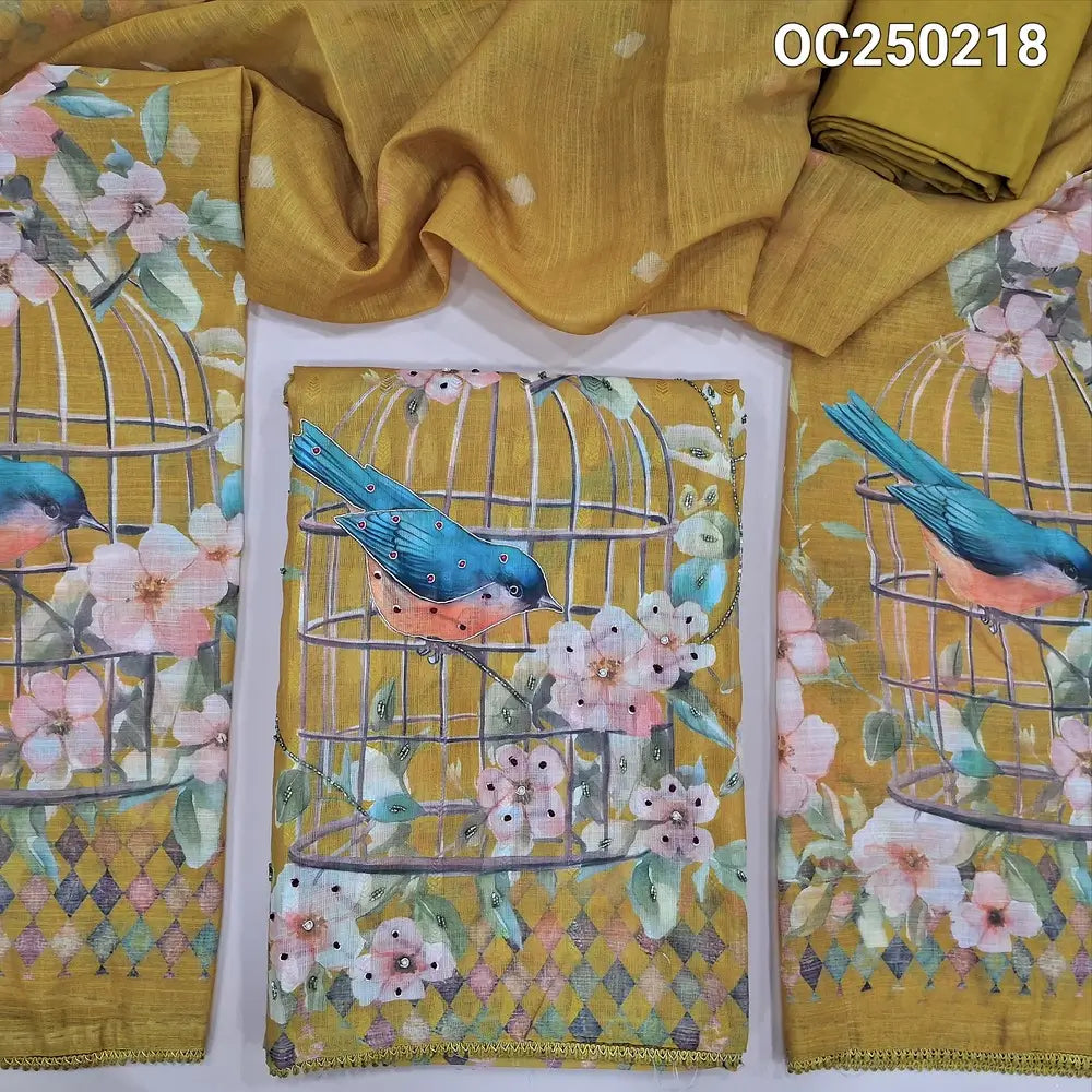 Mehandi Yellow Linen Unstitched Salwar Material, Digital Prints highlighted with bead and zardosi work on yoke and daman (Textured, Lining Needed) Matching spun cotton bottom, semi linen digital printed dupatta. OC250218
