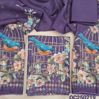 Dark Purple Semi Linen Unstitched Salwar Material, Digital Prints highlighted with bead and zardosi work on yoke and daman (Textured, Lining Needed) Matching spun cotton bottom, semi linen digital printed dupatta. OC250219