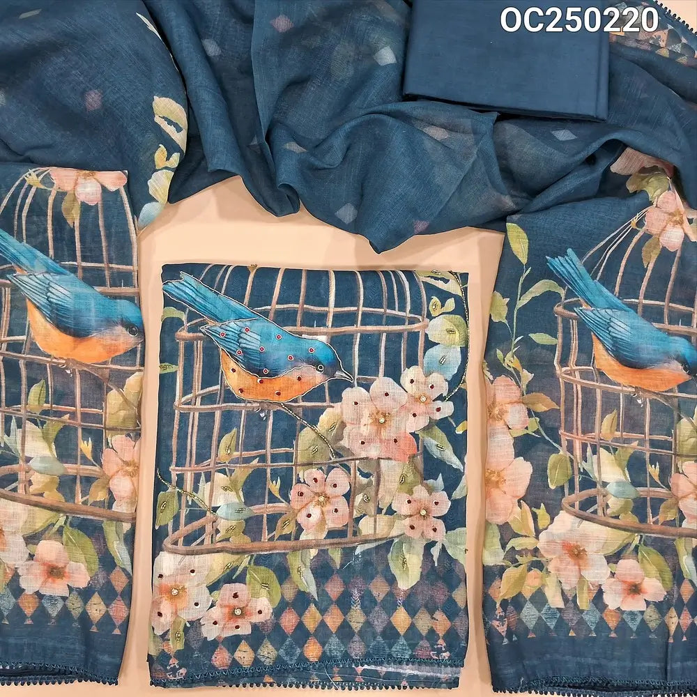 Dark Teal Blue Semi Linen Unstitched Salwar Material, Digital Prints highlighted with bead and zardosi work on yoke and daman (Textured, Lining Needed) Matching spun cotton bottom, semi linen digital printed dupatta. OC250220