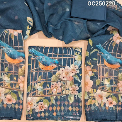 Dark Teal Blue Semi Linen Unstitched Salwar Material, Digital Prints highlighted with bead and zardosi work on yoke and daman (Textured, Lining Needed) Matching spun cotton bottom, semi linen digital printed dupatta. OC250220