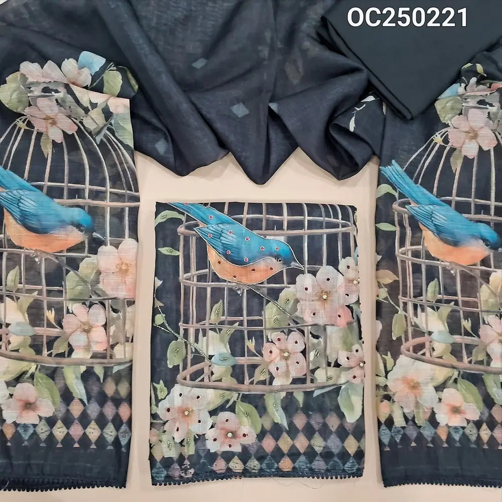 Black Semi Linen Unstitched Salwar Material, Digital Prints highlighted with bead and zardosi work on yoke and daman (Textured, Lining Needed) Matching spun cotton bottom, semi linen digital printed dupatta. OC250221