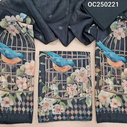 Black Semi Linen Unstitched Salwar Material, Digital Prints highlighted with bead and zardosi work on yoke and daman (Textured, Lining Needed) Matching spun cotton bottom, semi linen digital printed dupatta. OC250221