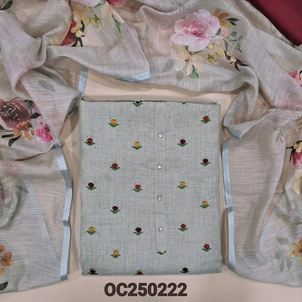 Greyish Beige embroidered semi linen unstitched salwar material, simple yoke (Lining Optional) Silk Cotton Bottom, Floral printed semi linen dupatta. OC250222