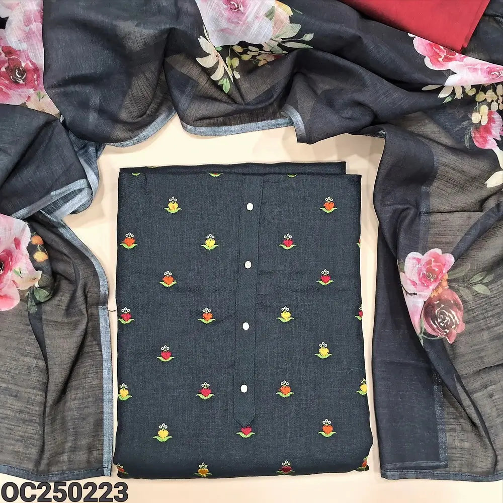 Black embroidered semi linen unstitched salwar material, simple yoke (Lining Optional) Silk Cotton Bottom, Floral printed semi linen dupatta. OC250223