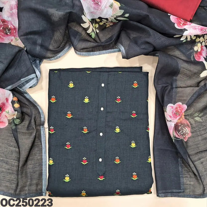 Black embroidered semi linen unstitched salwar material, simple yoke (Lining Optional) Silk Cotton Bottom, Floral printed semi linen dupatta. OC250223
