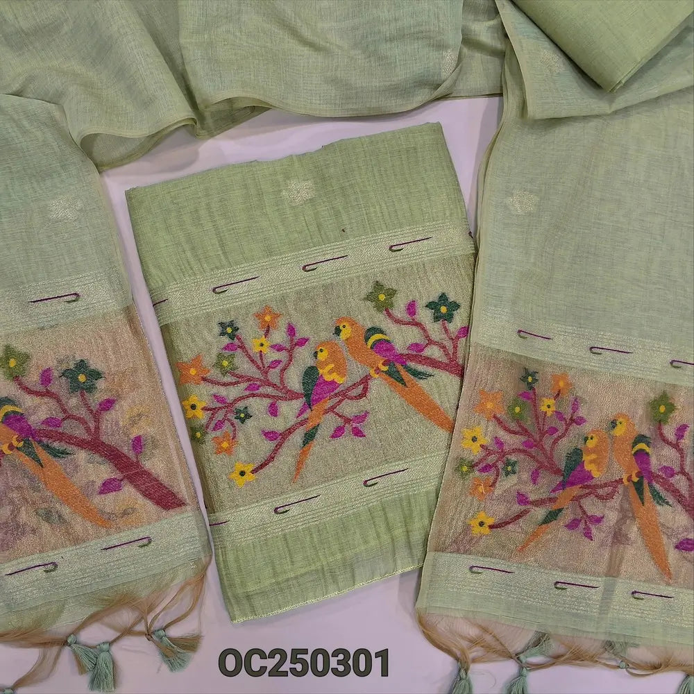 Pastel green premium silk cotton jamdani woven unstitched salwar material, rich paithani weaving on daman (Thin, Lining Needed) Matching silk cotton bottom, Jamdani woven full legnth dupatta with paithani weaving on pallu and tassels. OC250301