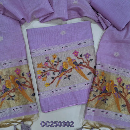 Lavender premium silk cotton jamdani woven unstitched salwar material, rich paithani weaving on daman (Thin, Lining Needed) Matching silk cotton bottom, Jamdani woven full legnth dupatta with paithani weaving on pallu and tassels. OC250302