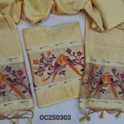 Pastel Yellow premium silk cotton jamdani woven unstitched salwar material, rich paithani weaving on daman (Thin, Lining Needed) Matching silk cotton bottom, Jamdani woven full legnth dupatta with paithani weaving on pallu and tassels. OC250303