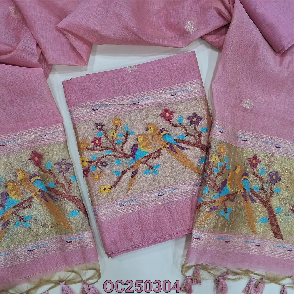 Pastel Pink premium silk cotton jamdani woven unstitched salwar material, rich paithani weaving on daman (Thin, Lining Needed) Matching silk cotton bottom, Jamdani woven full legnth dupatta with paithani weaving on pallu and tassels. OC250304