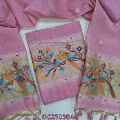 Pastel Pink premium silk cotton jamdani woven unstitched salwar material, rich paithani weaving on daman (Thin, Lining Needed) Matching silk cotton bottom, Jamdani woven full legnth dupatta with paithani weaving on pallu and tassels. OC250304