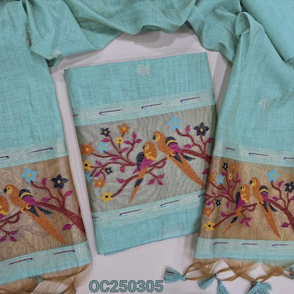 Pastel blue premium silk cotton jamdani woven unstitched salwar material, rich paithani weaving on daman (Thin, Lining Needed) Matching silk cotton bottom, Jamdani woven full legnth dupatta with paithani weaving on pallu and tassels. OC250305