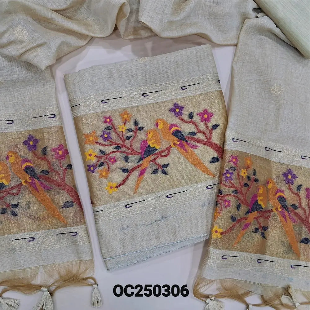 Rich beige premium silk cotton jamdani woven unstitched salwar material, rich paithani weaving on daman (Thin, Lining Needed) Matching silk cotton bottom, Jamdani woven full legnth dupatta with paithani weaving on pallu and tassels. OC250306