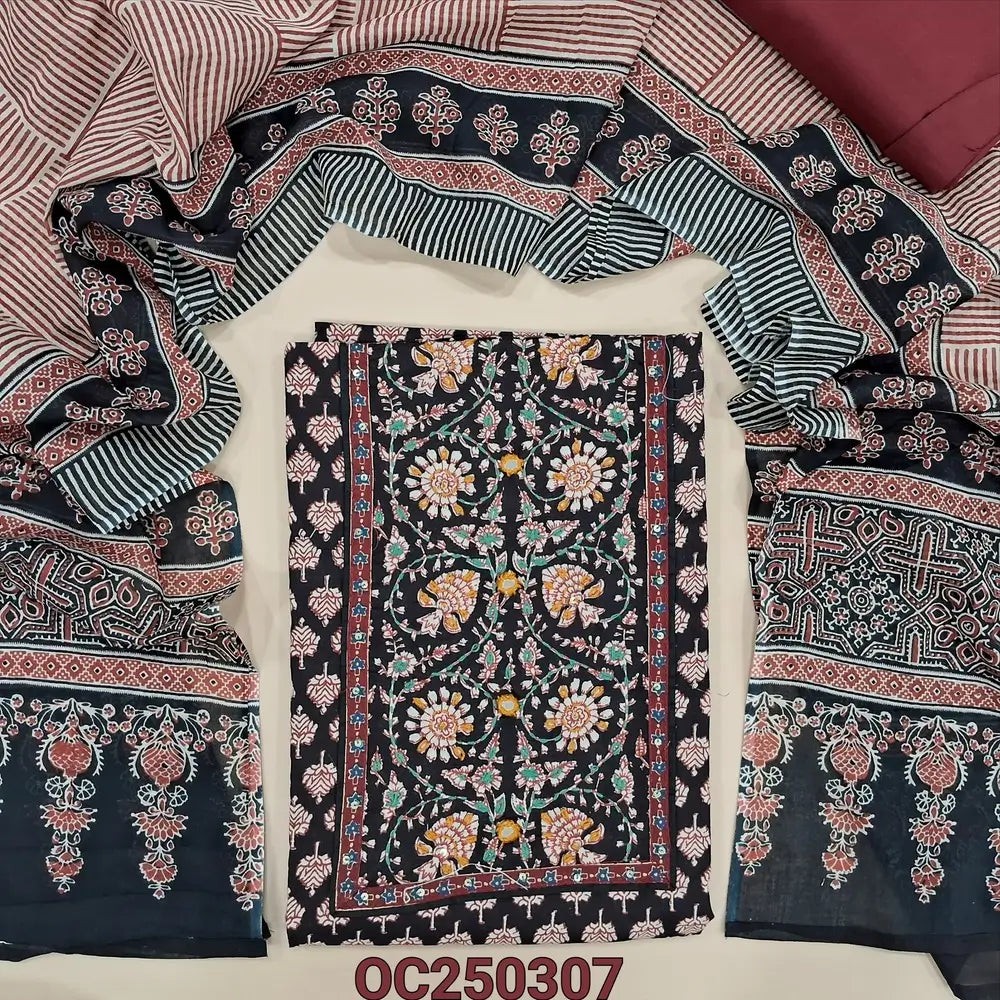 Black printed soft cotton unstitched salwar material, Klamakri prints on yoke with hand embroidery and real mirror work (Thin, Lining Needed) Contrast Cotton Bottom, Printed Mul Cotton Dupatta. OC250307