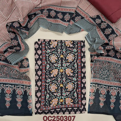 Black printed soft cotton unstitched salwar material, Klamakri prints on yoke with hand embroidery and real mirror work (Thin, Lining Needed) Contrast Cotton Bottom, Printed Mul Cotton Dupatta. OC250307