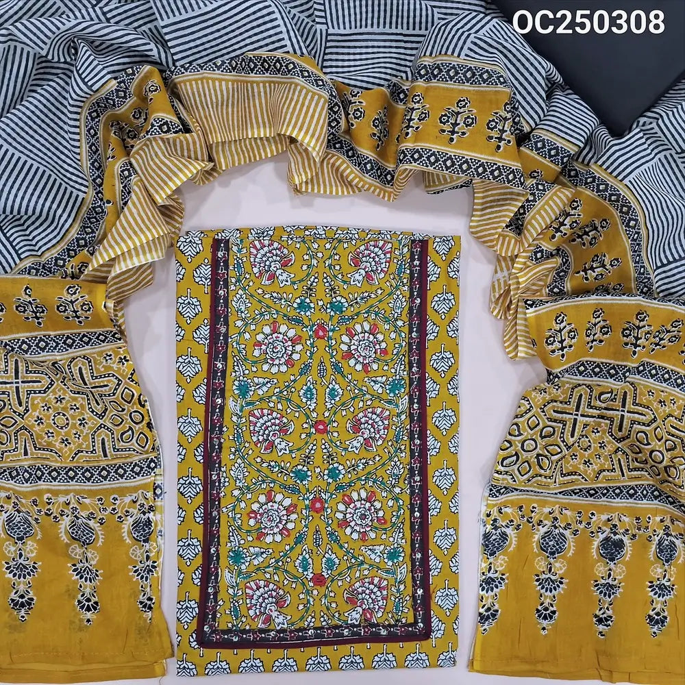 Mehandi yellow printed soft cotton unstitched salwar material, Klamakri prints on yoke with hand embroidery and real mirror work (Thin, Lining Needed) Contrast Cotton Bottom, Printed Mul Cotton Dupatta. OC250308