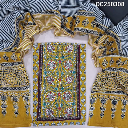 Mehandi yellow printed soft cotton unstitched salwar material, Klamakri prints on yoke with hand embroidery and real mirror work (Thin, Lining Needed) Contrast Cotton Bottom, Printed Mul Cotton Dupatta. OC250308