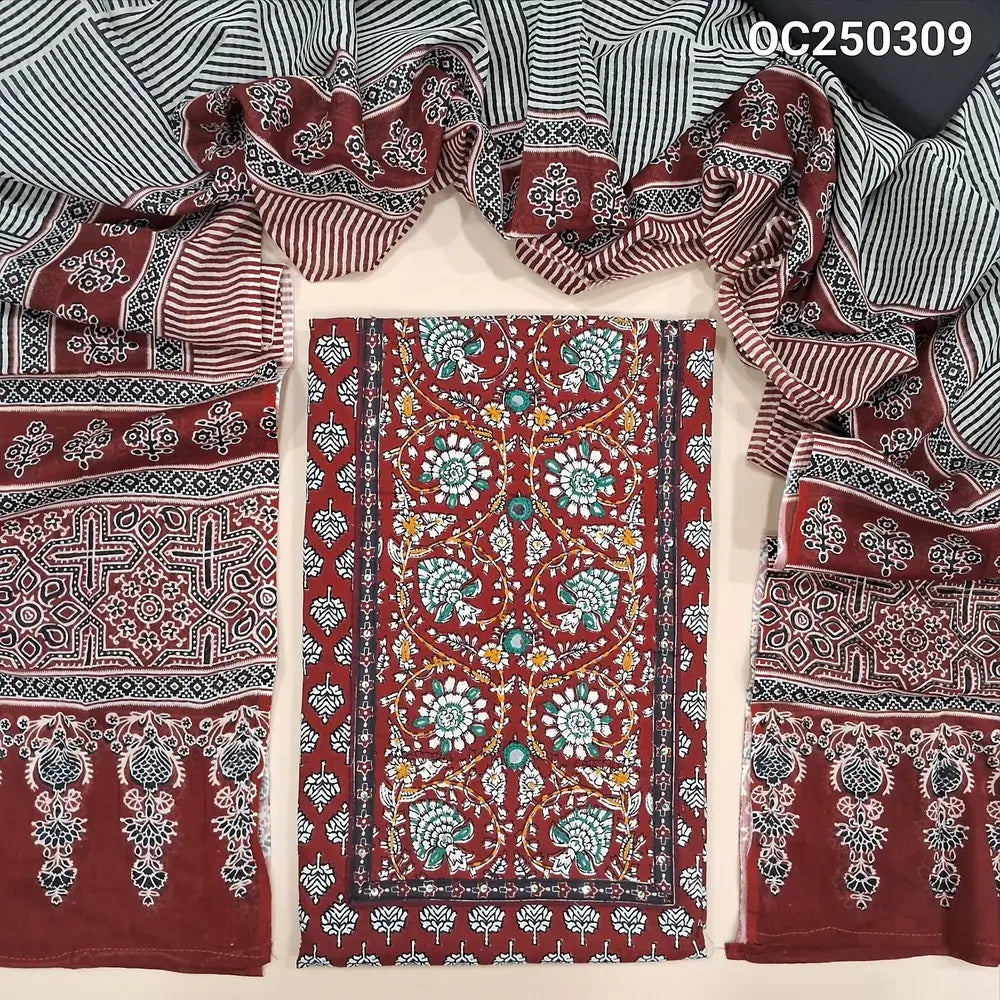 Maroon printed soft cotton unstitched salwar material, Klamakri prints on yoke with hand embroidery and real mirror work (Thin, Lining Needed) Contrast Cotton Bottom, Printed Mul Cotton Dupatta. OC250309
