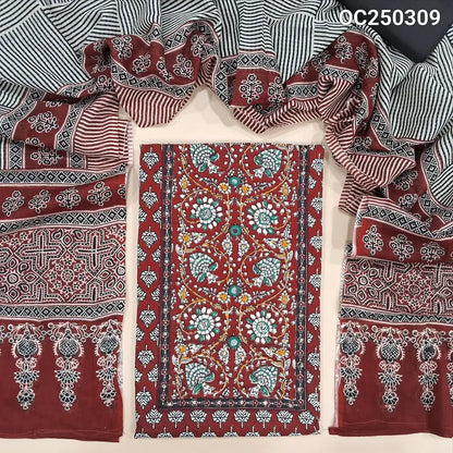 Maroon printed soft cotton unstitched salwar material, Klamakri prints on yoke with hand embroidery and real mirror work (Thin, Lining Needed) Contrast Cotton Bottom, Printed Mul Cotton Dupatta. OC250309