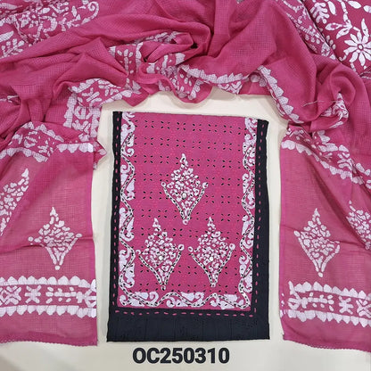 Black schiffli embroidered soft cotton unstitched salwar material, pink batik yoke patch (Thin, Lining Needed) Matching batik dyed cotton bottom, pure kota cotton dupatta. OC250310
