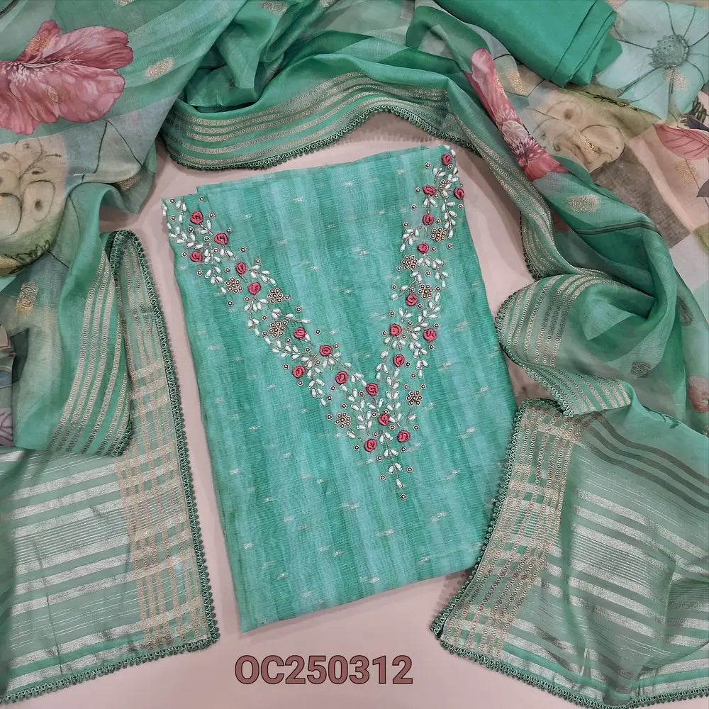 Light Turquoise Green silk cotton unstitched salwar material, pearl bead and embroidery on yoke (Lightweight, Lining Needed) Matching Santoon Bottom, Abstract printed silk cotton dupatta. OC250312