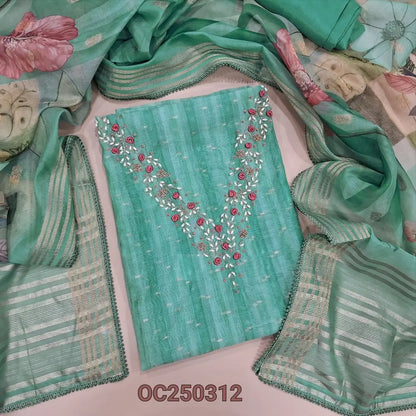 Light Turquoise Green silk cotton unstitched salwar material, pearl bead and embroidery on yoke (Lightweight, Lining Needed) Matching Santoon Bottom, Abstract printed silk cotton dupatta. OC250312
