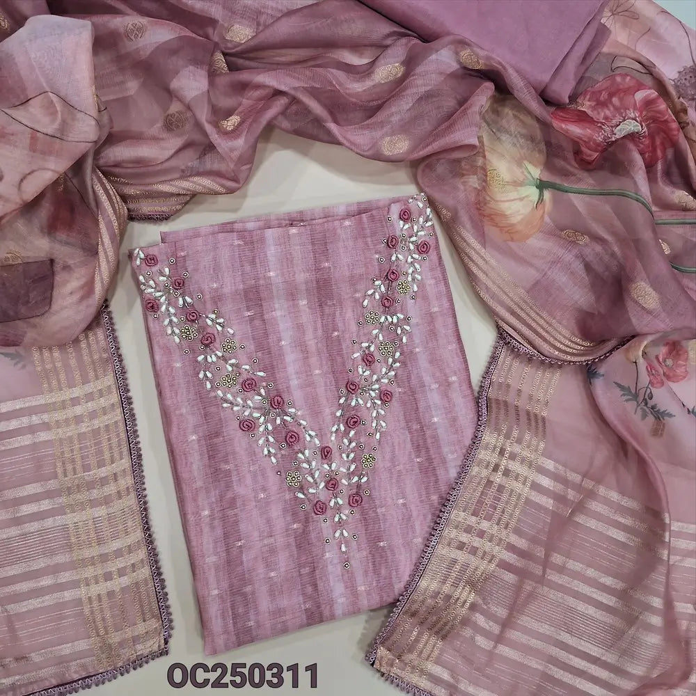 Pastel Pink silk cotton unstitched salwar material, pearl bead and embroidery on yoke (Lightweight, Lining Needed) Matching Santoon Bottom, Abstract printed silk cotton dupatta. OC250311